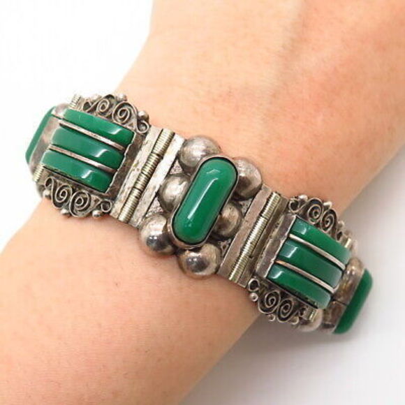 925 Sterling Silver Vintage Mexico Green Onyx Gem Panel...